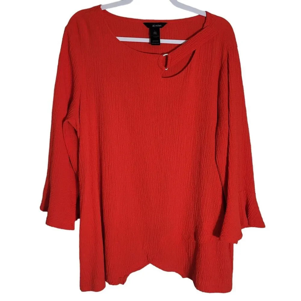 Ali Miles Women's Size Large Blouse Red Tulip Sleeve Asymmetric Rayon Blend